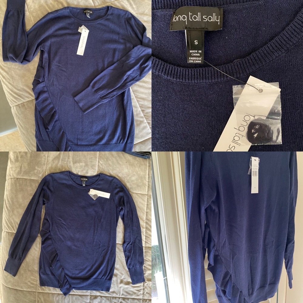Long tall Sally blue sweater with side ruffle